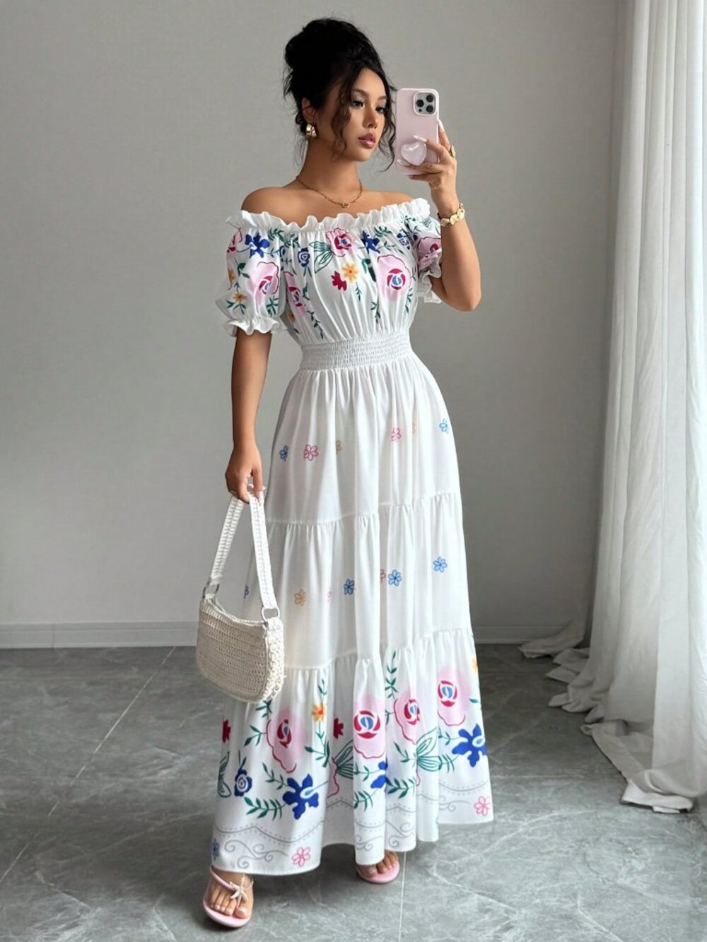 Multicolor Boho Women's off-Shoulder Puff Sleeve Floral Print Maxi Dress - Picture 6 of 7